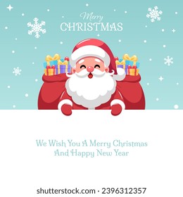 Santa Claus with red gift bag on blue green background with snowflakes and white signboard. Merry Christmas greeting card vector illustration.