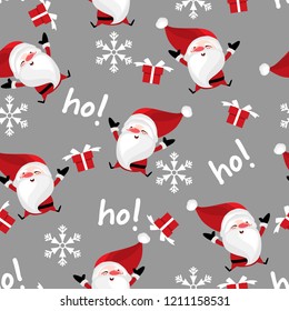 Santa Claus with red gift box, Ho! text and snowflakes seamless pattern on gray background. Christmas holidays cartoon character design for winter holidays greeting season. Vector illustration.