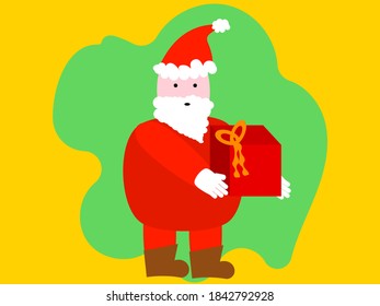 Santa claus with a red gift in hand on a yellow background