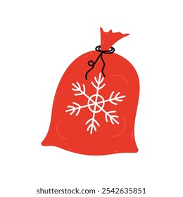 Santa Claus red gift sack. Cute Christmas vector illustration. Santa bag full of presents Xmas holiday symbol for December seasonal designs. Flat and doodle elements.