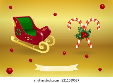 Santa Claus red golden color empty toy sleigh and striped cane candies with flying or falling holly barries on gold gradient background. Christmas and New Year Realistic 3D design.