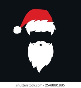 Sombrero rojo de Santa Claus, barba y bigote sobre fondo negro. Ilustración vectorial