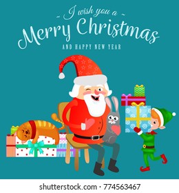 santa claus in red hat with beard sits on chair with hare in hand which makes wish, cat lies elf prepares gifts, marry of christmas and happy new year vector illustration