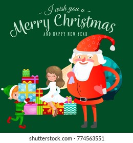 santa claus in red hat with beard sits on chair with hare in hand which makes wish, elf and magic fairy with golden wings helps and prepares gifts, marry of christmas and happy new year vector