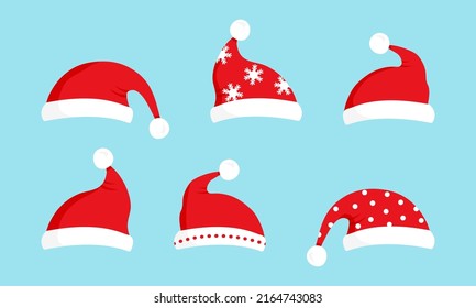 Santa Claus red hat, Christmas vector icon. New Year costume. Winter set illustration on blue background. 