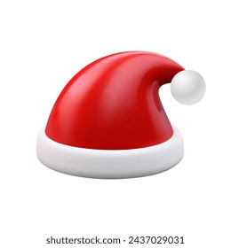 Santa Claus red hat Christmas headdress costume fluffy traditional cap 3d icon realistic vector illustration. Xmas holiday headwear clothes accessory winter season festive warm decorative element