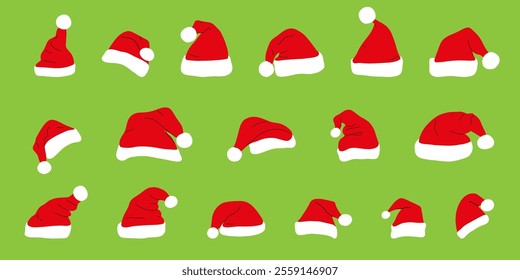 Santa Claus Red Hat clip art sticker set. Clipart Santa Claus Cap hat in flat cartoon style. Festive Cristmas Vector illustration isolated on white background.