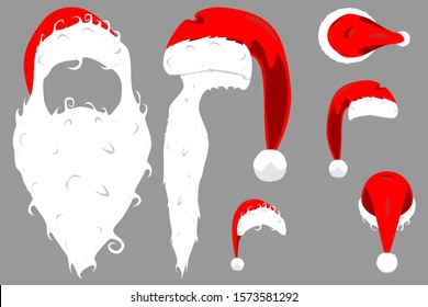 Santa Claus red hat with collar and pompon side, back, front and top view isolated vector illustration