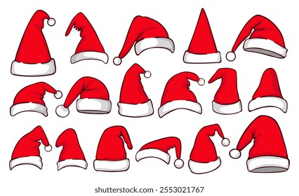 Colección de sombrero rojo de Santa Claus. Elementos de Navidades de invierno para decoración, pegatinas, diseño. Gorras de Papá Noel coloridas delineadas aisladas en blanco