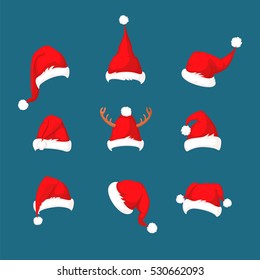 Santa Claus red hat collection isolated on blue background. Set of Santa red hats vector illustration. Happy New Year traditional symbol. Merry Christmas holiday clothes element