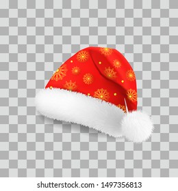 Santa Claus red hat decorated with golden snowflakes, detail of a New Year's costume, Christmas decoration. Vector