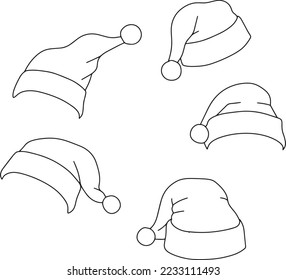 Santa claus' red hat hand drawn vector isolated in many angles, holidays new year christmas hat festive seasonal winter holiday card background illustration