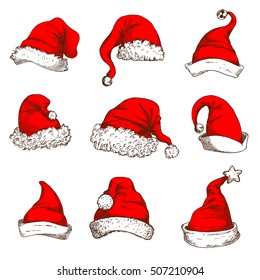 Santa Claus red hat icon set. Christmas red hat and cap of Santa and elf with white fur trim, pom-pom, jingle bell and star. Christmas and New Year design element