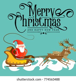 santa claus in a red hat and jacket, with a beard rushes in a sleigh chasing his reindeer, marry of christmas and happy new year vector illustration