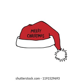 Santa Claus red hat with Merry Christmas lettering. Christmas decoration.