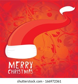 Santa Claus red hat on red floral decorative background. Vector illustration. merry christmas creative card