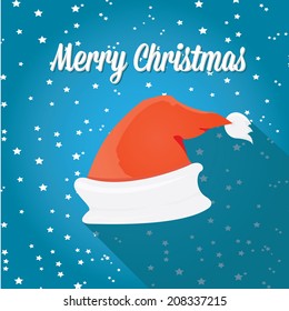 Santa Claus red hat on blue night sky with stars background. Vector illustration. merry christmas creative card