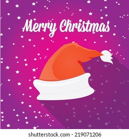 Santa Claus red hat on violet night sky with stars background. Vector illustration. merry Christmas creative card