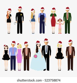 Santa Claus red hat on different people. Men and women, boys and girls wearing Santa hat. Happy New Year and Merry Christmas. Clothes holiday elements. Isolated flat vector illustration set.