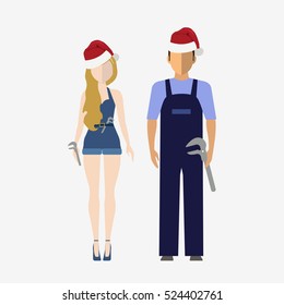Santa Claus red hat on plumbers. Man and woman wearing Santa hat. Happy New Year and Merry Christmas. Clothes holiday elements. Isolated flat vector illustration set.