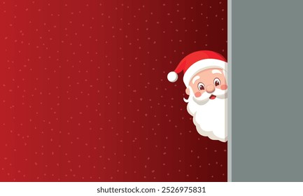 Santa Claus in red hat peeping from behind a wall. Dark red background with snow. Holiday banner greeting card template with copy space