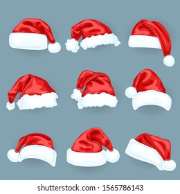 Santa Claus red hat photo booth props. Christmas holiday decoration vector elements. Santa Claus xmas hat for photo booth, cap costume illustration