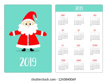 Santa Claus. Red hat. Pocket calendar layout 2019 new year. Vertical orientation. Week starts Sunday. Cute cartoon kawaii funny baby character. Flat design. Blue background. Vector illustration