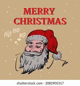 Santa Claus in red hat, retro, vinage, Merry Christmas greeting card. Vector illustration