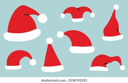 Santa Claus red hat set isolated on blue. Flat vector illustration.