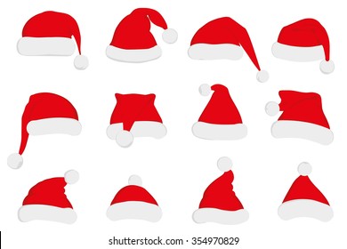 Santa Claus red hat set. Santa hat, Santa red hat isolated on white. Santa Christmas hat decoration vector.