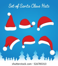 Santa Claus red hat set. Christmas clothes holiday elements on blue background
