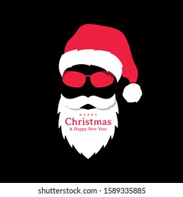 Santa Claus in red hat and sunglasses. Christmas Vector illustration in flat style. Hipster with long white beard.