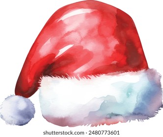 Santa Claus red hat. Watercolor illustration, isolated on white