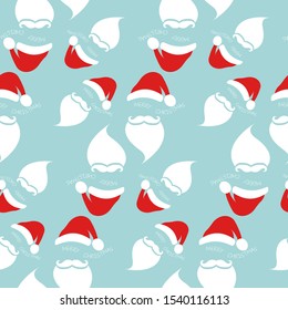 Santa Claus with red hat and white beard seamless texture pattern, Merry Christmas blue background
