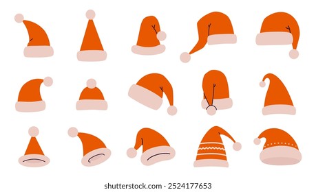 Santa Claus red hats big set. Christmas and New Year decorations, carnival party caps. Trendy modern vector illustration isolated on white background, hand drawn, flat design