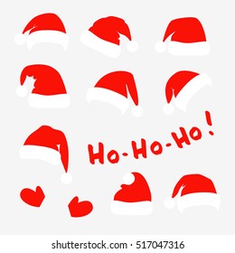  Santa Claus red hats, mittens and lettering Ho Ho Ho. Vector set,  isolated on light background. Designer for Christmas and New Year poster, card, invitation and tag.