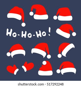 Santa Claus red hats, mittens and lettering Ho Ho Ho. Vector set, isolated on dark background. Designer for Christmas and New Year poster, card, invitation and tag.