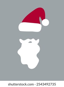 Santa Claus red hats, mustache and beards. Christmas symbols in flat style. Vector illustration on a gray background.Christmas flat elements.