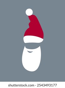 Santa Claus red hats, mustache and beards. Christmas symbols in flat style. Vector illustration on a gray background.Christmas flat elements.

