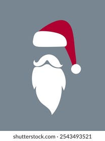 Santa Claus red hats, mustache and beards. Christmas symbols in flat style. Vector illustration on a gray background.Christmas flat elements.

