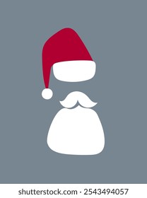 Santa Claus red hats, mustache and beards. Christmas symbols in flat style. Vector illustration on a gray background.Christmas flat elements