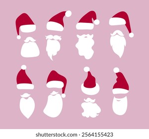 Santa Claus red hats, mustache and beards. Christmas symbols in flat style. Vector illustration on a pink background.Christmas flat elements.

