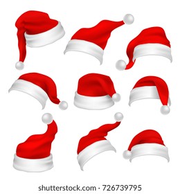 Santa Claus red hats photo booth props. Christmas holiday decoration vector elements. Santa claus xmas hat for photo booth, cap costume illustration