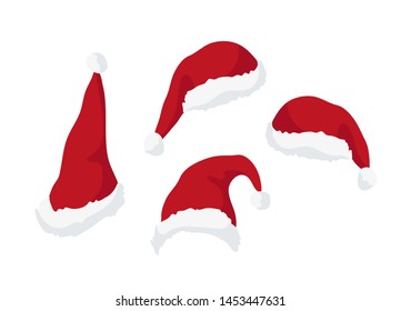 Santa Claus red hats. Vector set, isolated on wight background. Element design for Christmas and New Year poster, card, invitation and tag.