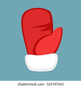 Santa Claus Red Mitten Icon Isolated On Grey. Flat Cartoon Illustration Of Red Glove For Modern Design In Simple Style