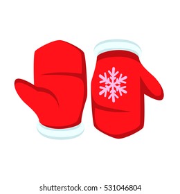 Santa claus red mitten icon with two side back and front version isolated. Flat cartoon illustration of red glove for modern design in simple style