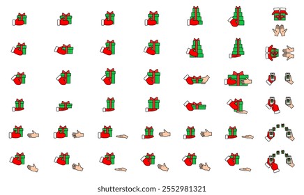 Santa Claus in red mittens gives Christmas gifts to human hands. Winter gloves hold New Year gifts, pile of tied gift boxes, phone with online presents. Set color icons (line vector). Editable Strokes