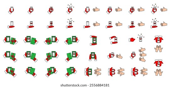 Santa Claus in red mittens holds mobile phone tied ribbon and bow. Winter gloves give opened Christmas gift box with new smartphone to human hands. Set color icons (line vector). Editable Strokes