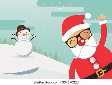 Santa Claus red nose and snowman with merry christmas landscape. Vector Illustration.