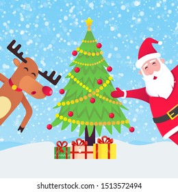 Santa Claus and the red nosed christmas reindeer and wish a merry christmas and happy new year to you postcard flat style design vector illustration. Christmas fir tree behind.